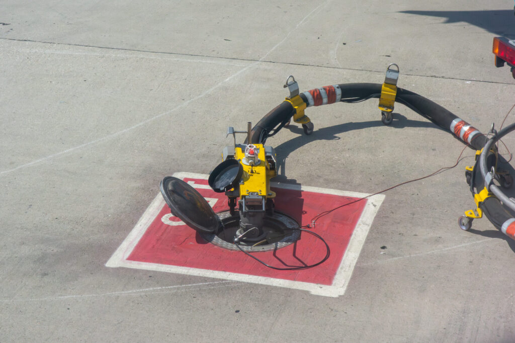 Aviation fuel tank access on an airport runway with hoses and equipment for refueling aircraft.