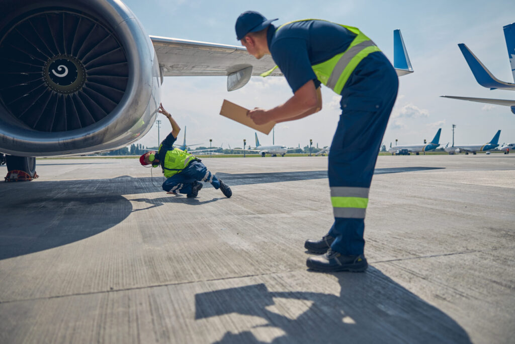 Two technicians inspect an airplane engine on a sunlit tarmac, one crouching with a flashlight, the other holding a clipboard.