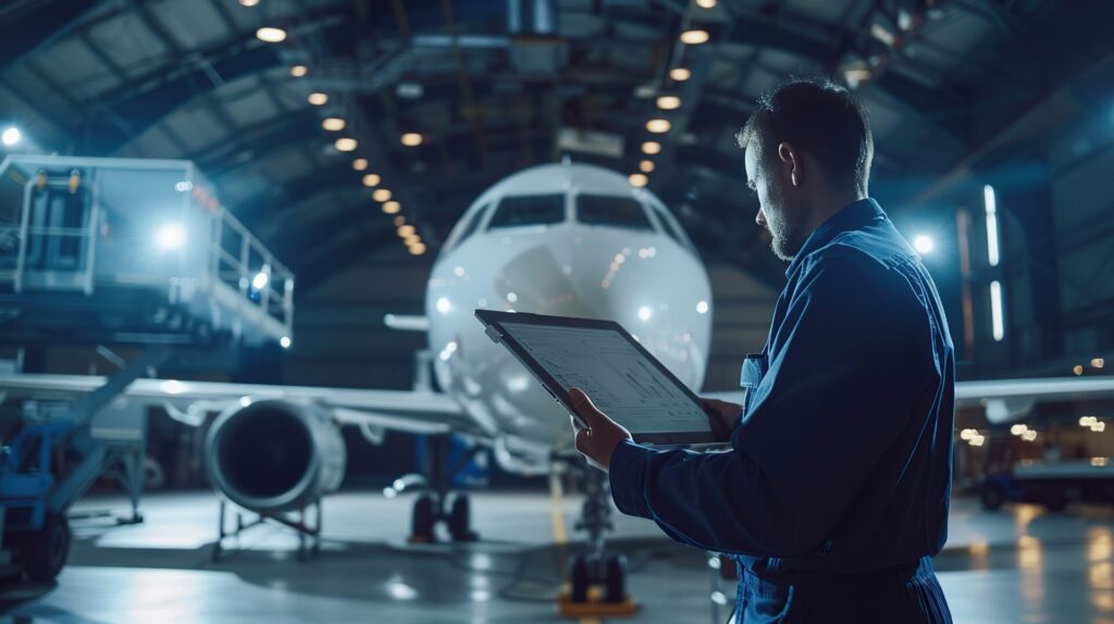 A mechanic in a hangar reviews a checklist on a tablet near a parked airplane.