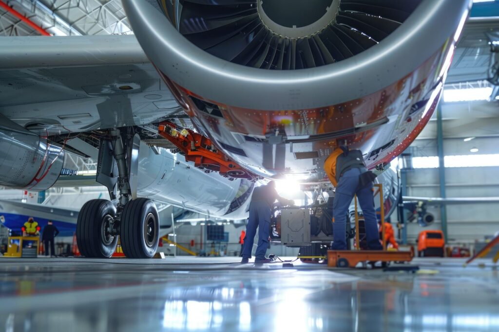 Technicians performing maintenance on an aircraft engine in a hangar, with visible landing gear and engine components.