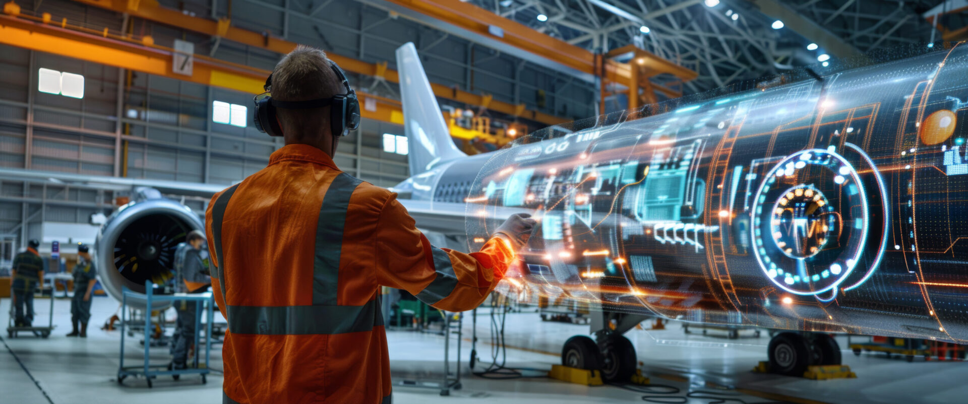 Technician in safety gear interacting with a digital interface overlay on an aircraft in a spacious hangar.