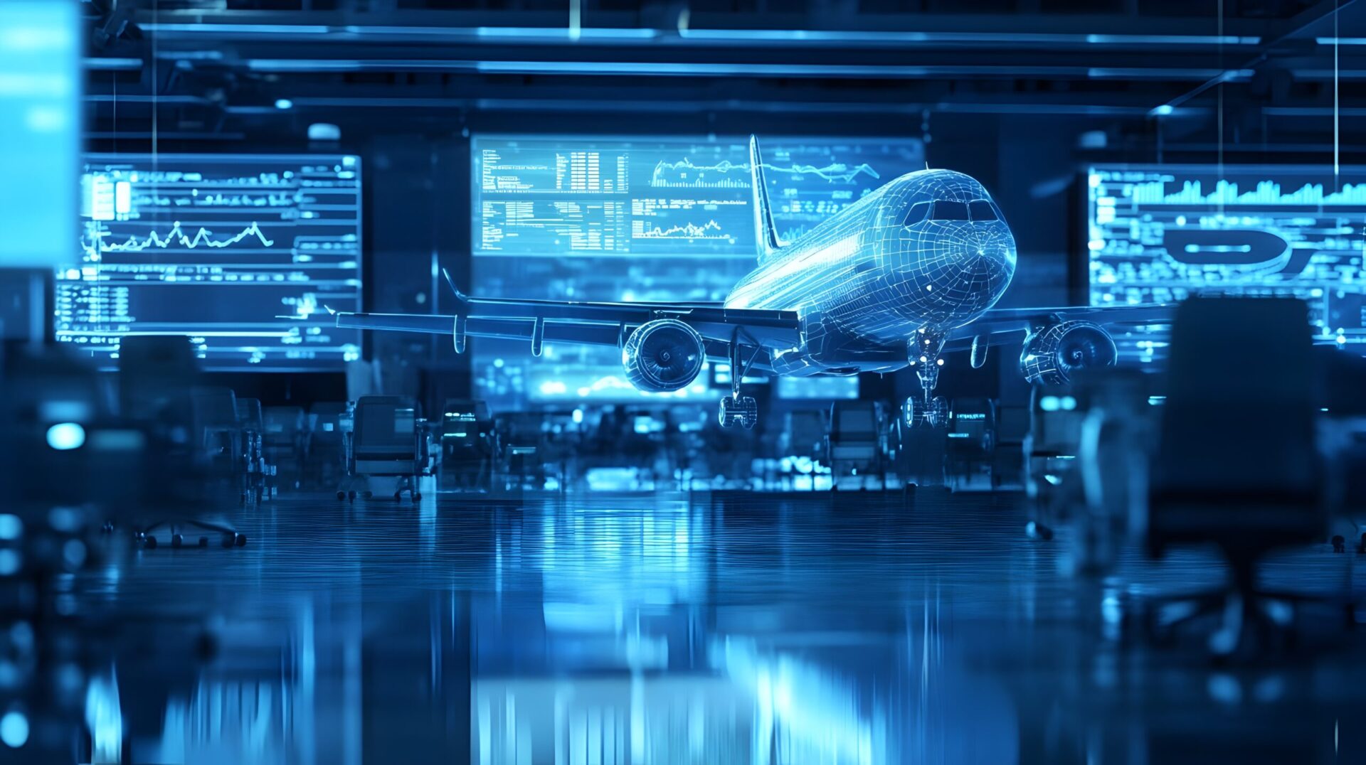 Digital rendering of an airplane in a futuristic control room with glowing blue screens and data displays.