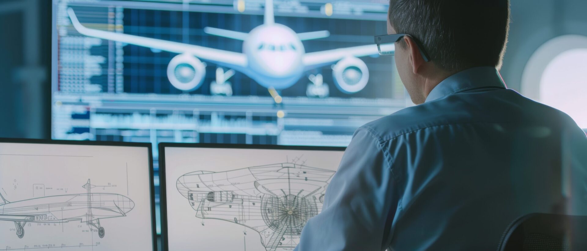 A man in an office reviews aircraft diagrams on multiple monitors, with a large airplane display in the background.