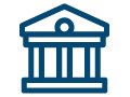 Icon of a classic bank building with three columns and a triangular pediment, depicted in blue.