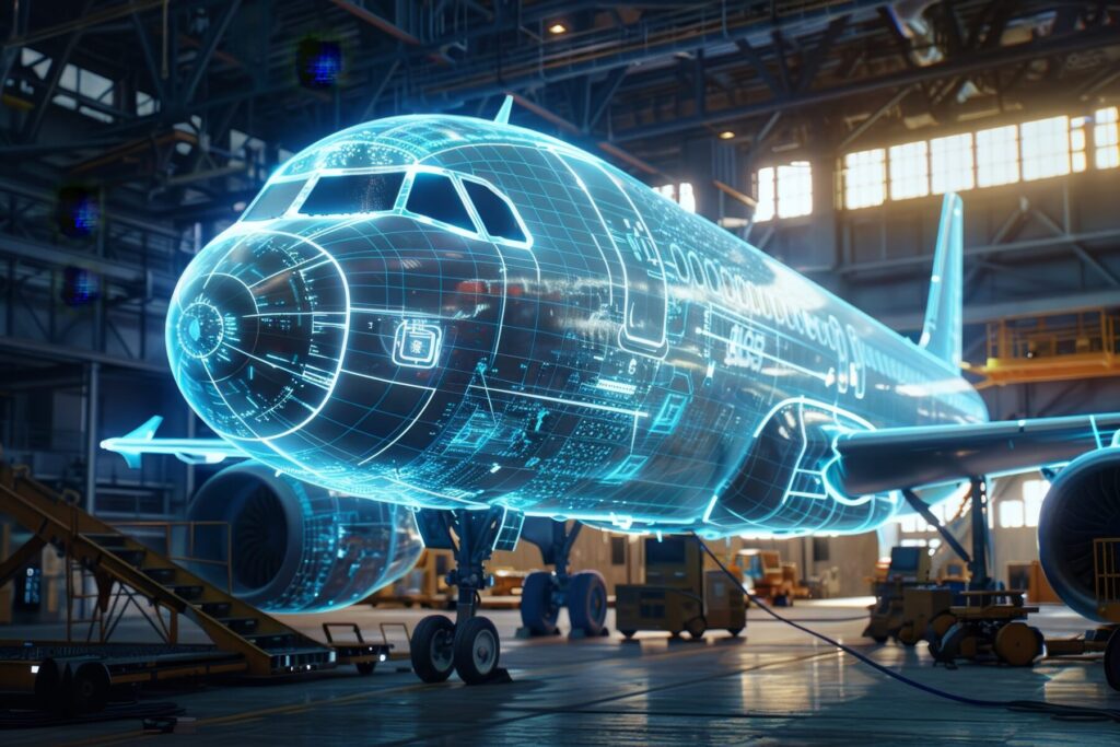 A commercial airplane in a hangar with a blue digital wireframe overlay, showing technical details and design features.